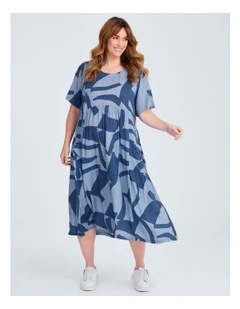 Natural Pocket Midi Dress Blue Geo Print