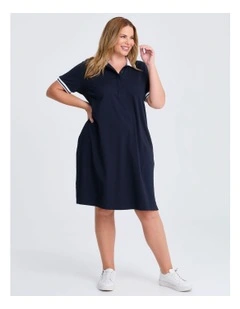 Cotton Polo Knee Length Dress in Navy