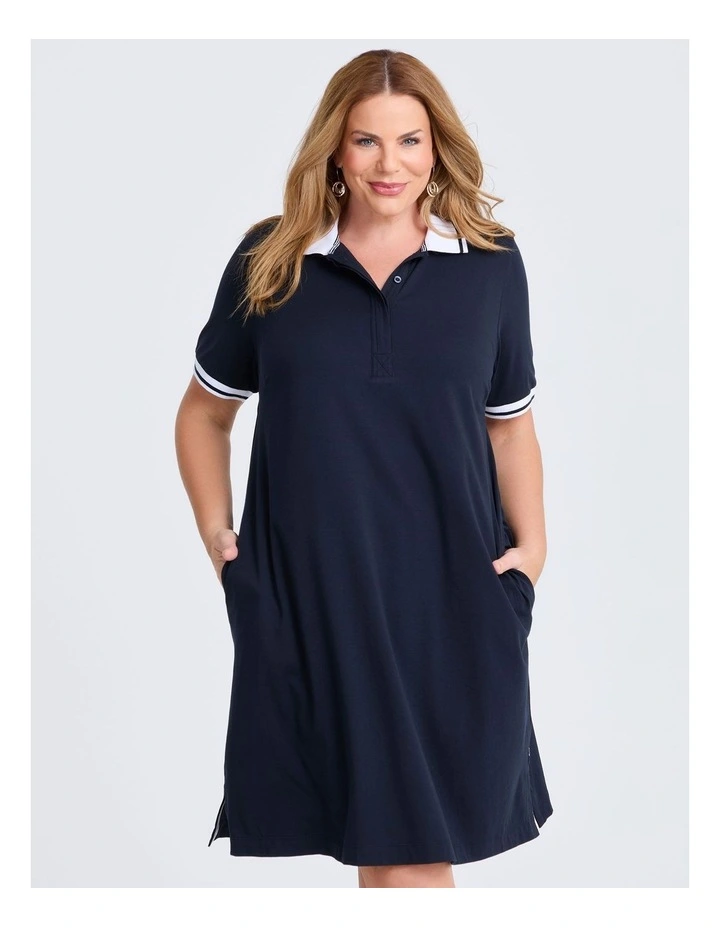 Cotton Polo Knee Length Dress in Navy image 3