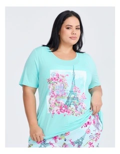 Bamboo Paris Print Pyjama Top in Iced Aqua