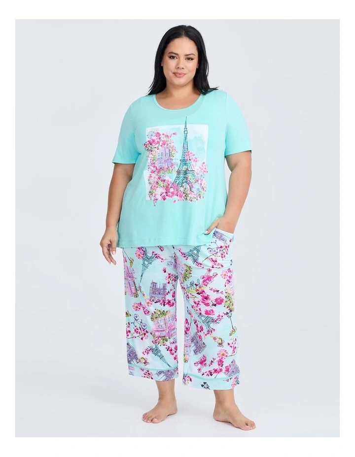 Bamboo Paris Print Pyjama Top in Iced Aqua image 3