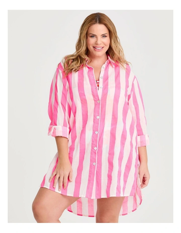Cotton Bold Stripe Beach Shirt Pink/white Stripe image 1