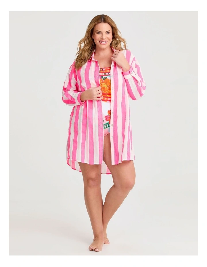 Cotton Bold Stripe Beach Shirt Pink/white Stripe image 3