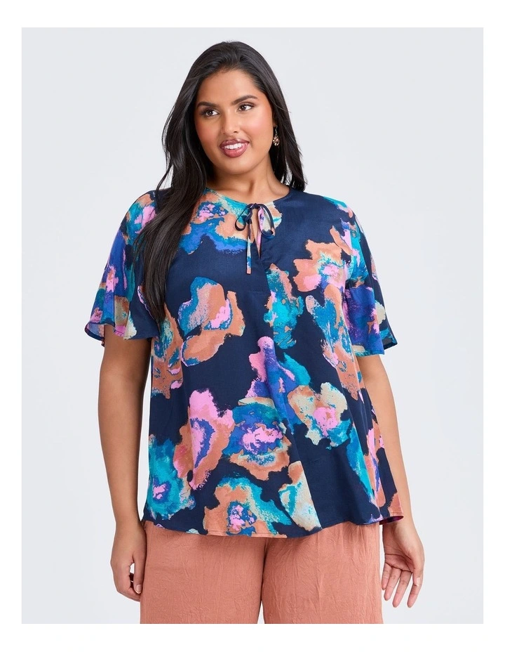 Tie Neck Tuck Front Natural Top Print image 1