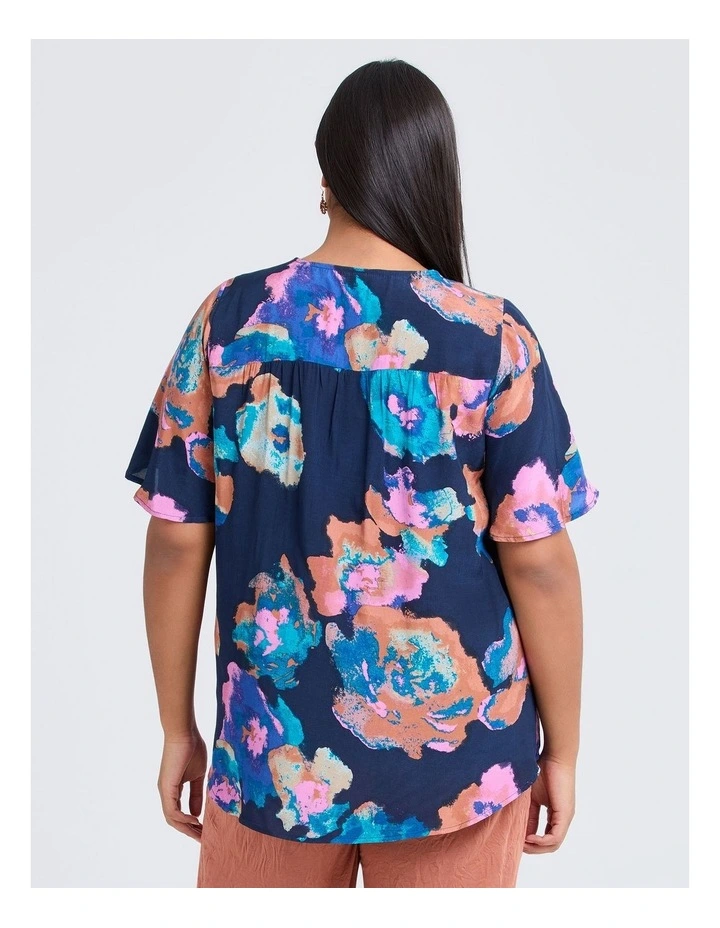Tie Neck Tuck Front Natural Top Print image 2