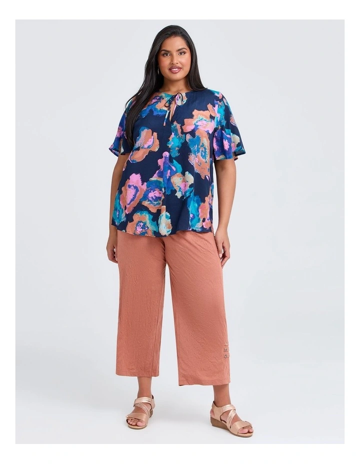 Tie Neck Tuck Front Natural Top Print image 3