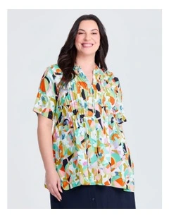 Zoe Zip Neck Pintuck Natural Top Print