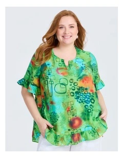 Salsa Ruffle Natural Top Green Print