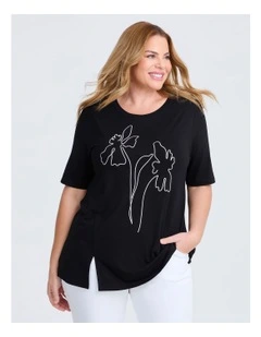 Natural Embroidery Flower Top in Black