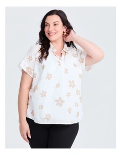 Cotton Foil Flower Print Top in Off White