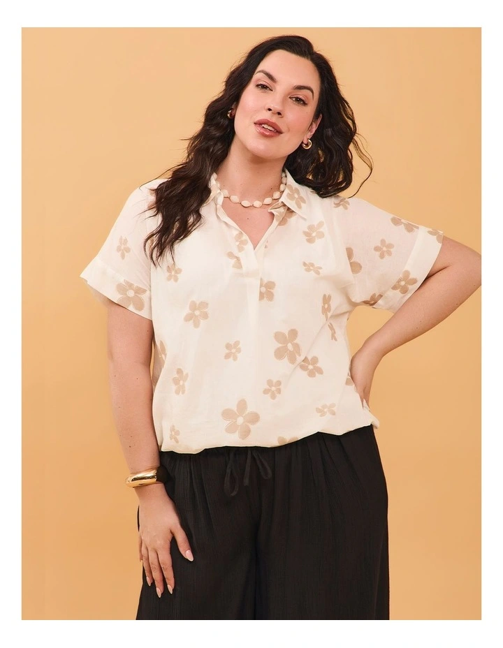 Cotton Foil Flower Print Top in Off White image 4