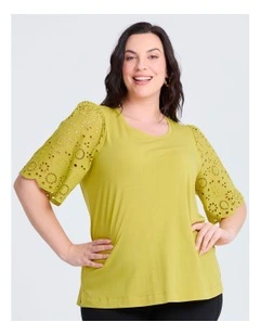 Cotton Broderie Sleeve T-shirt Lemongrass