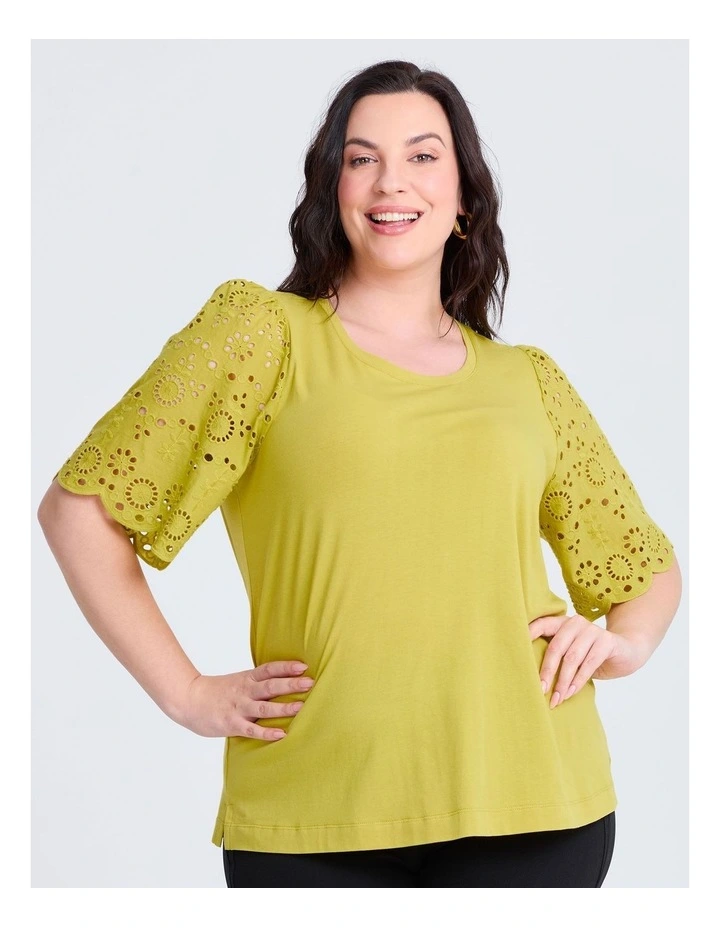 Cotton Broderie Sleeve T-shirt Lemongrass image 1