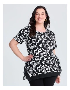 Bamboo Flower Print Chiffon Top in Black/vanilla