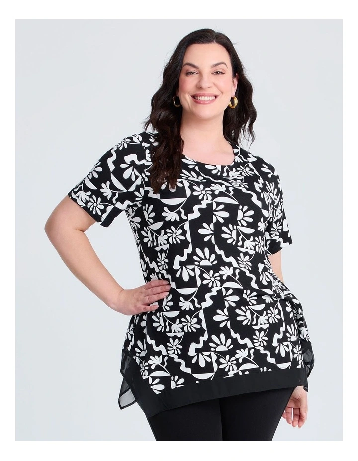Bamboo Flower Print Chiffon Top in Black/vanilla image 1