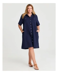 Cotton Linen Utility Dress Dark Indigo