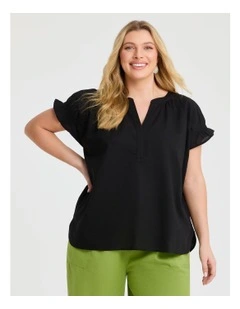 Cotton Linen Notch Neck Top Black