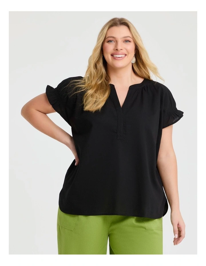 Cotton Linen Notch Neck Top Black image 1