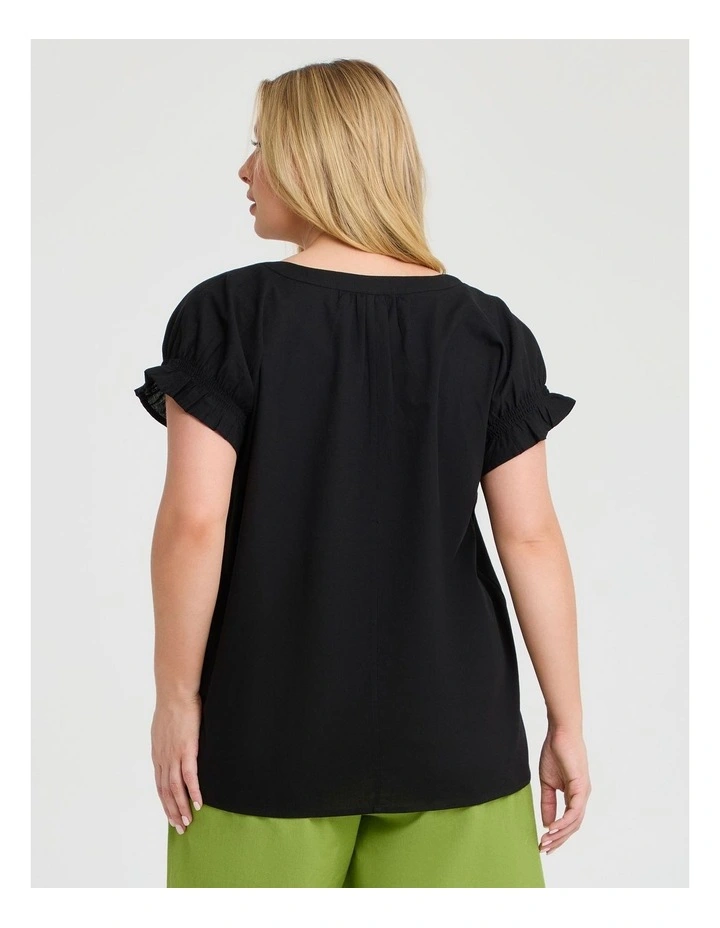 Cotton Linen Notch Neck Top Black image 2