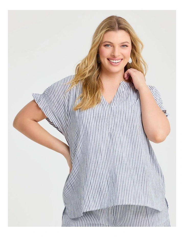 Cotton Linen Notch Neck Top Stripe image 1
