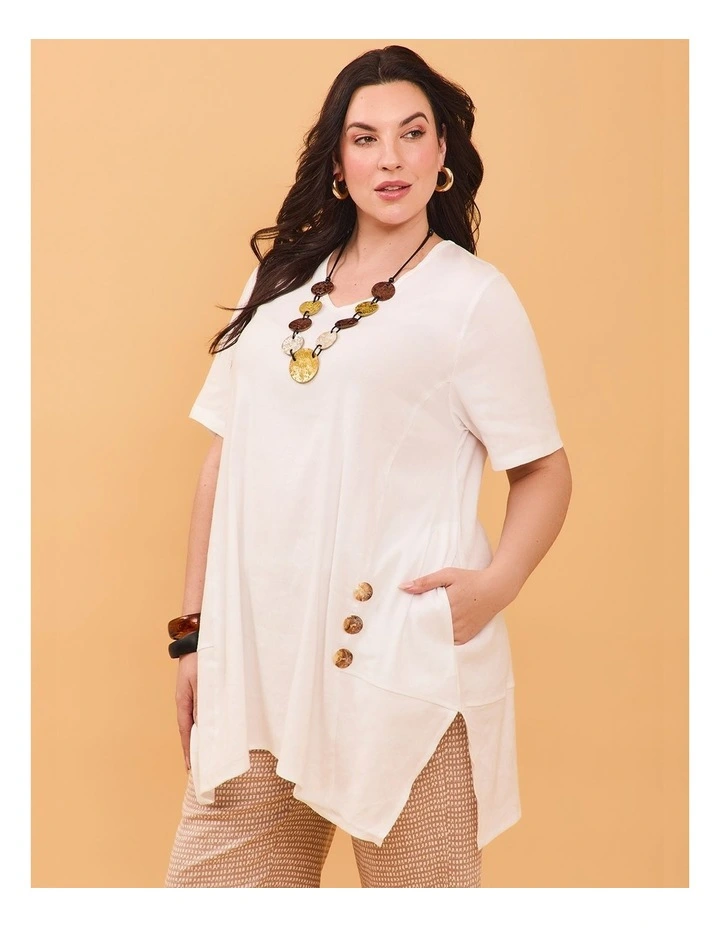 Button Detail Stretch Linen Tunic in White image 3