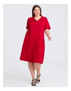 Waffle Collared Dress in Ribbon Red