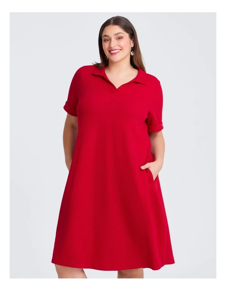 Waffle Collared Dress in Ribbon Red image 3