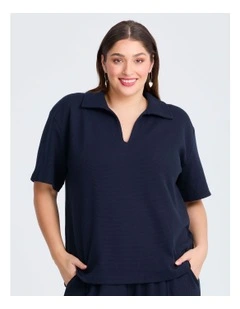 Waffle Collared Top Navy