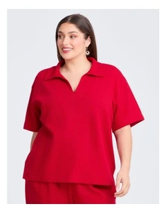 Waffle Collared Top Ribbon Red