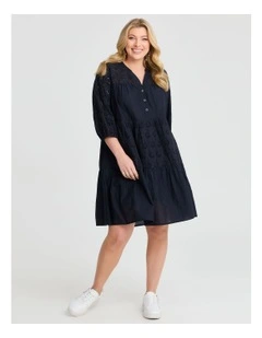 Cotton Broderie Mix Dress in Navy