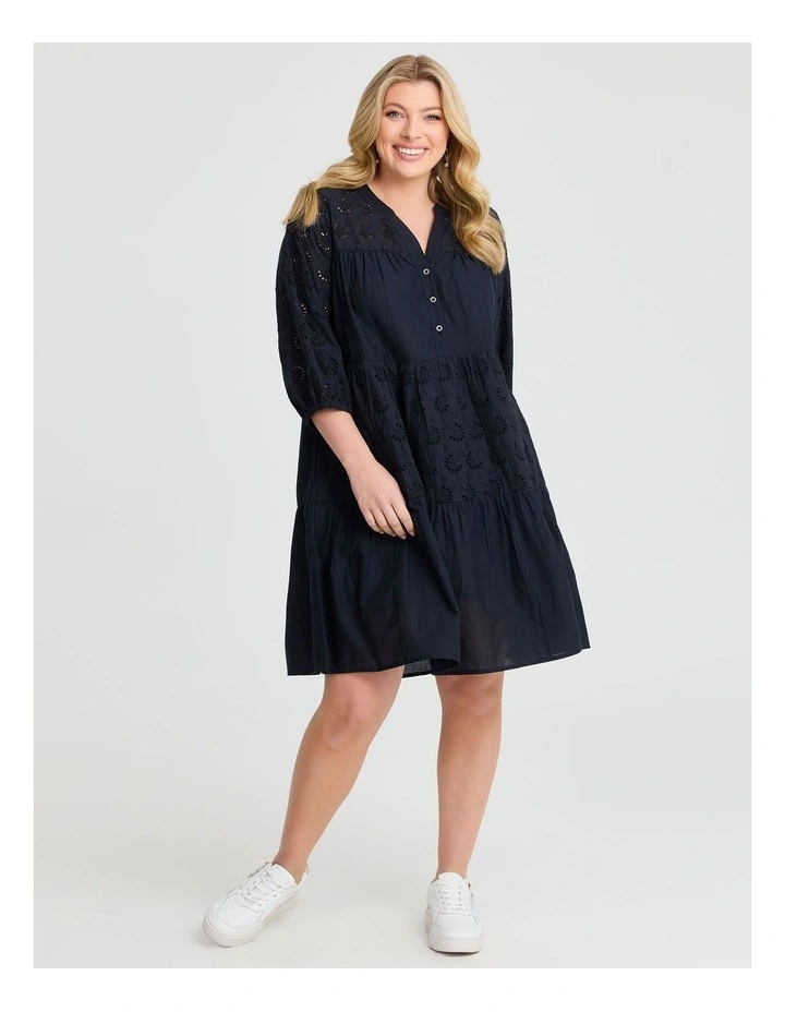 Cotton Broderie Mix Dress in Navy image 1