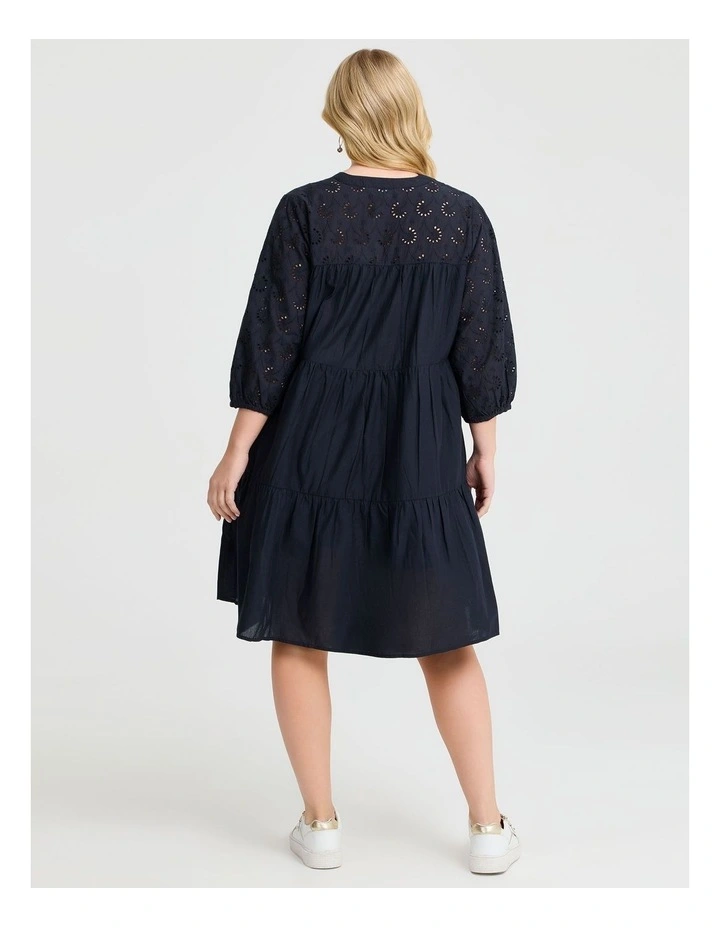 Cotton Broderie Mix Dress in Navy image 2
