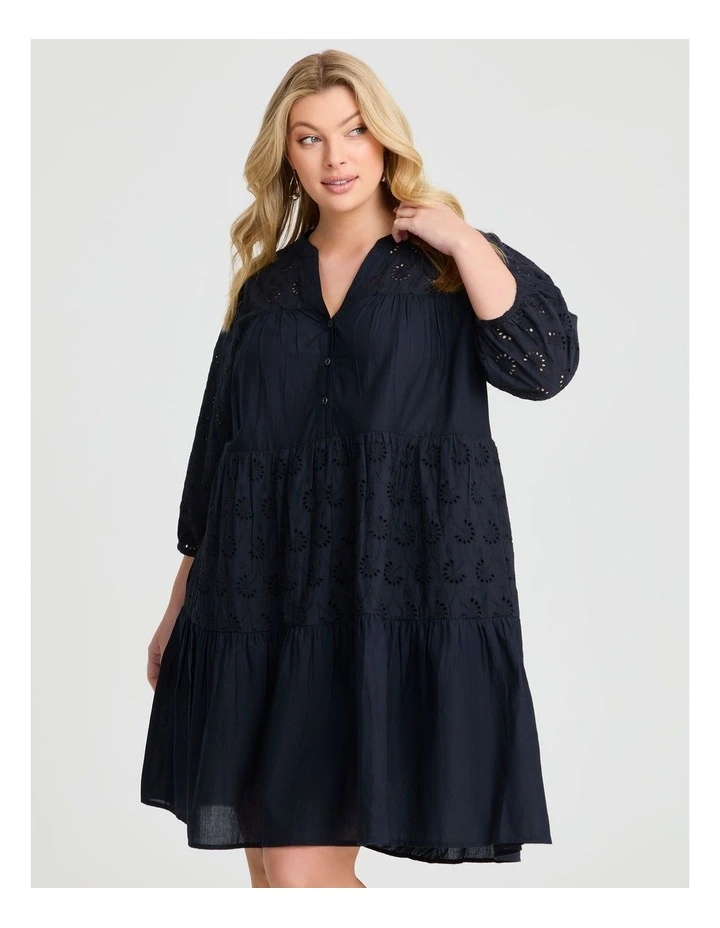 Cotton Broderie Mix Dress in Navy image 3