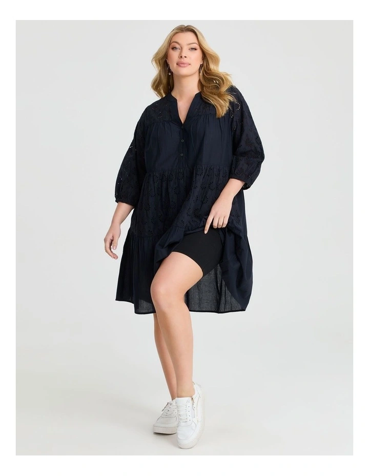 Cotton Broderie Mix Dress in Navy image 4