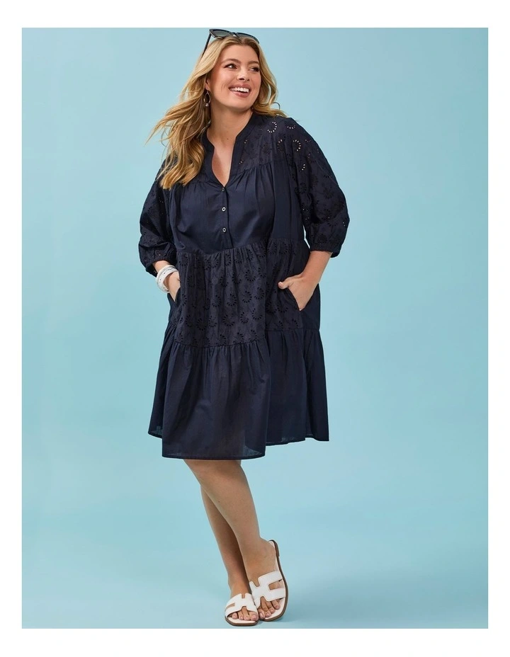 Cotton Broderie Mix Dress in Navy image 5