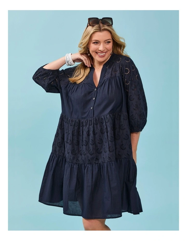 Cotton Broderie Mix Dress in Navy image 6