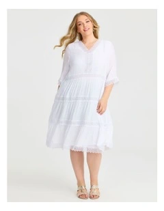 Lace Trim Tiered V-neck Dress in White