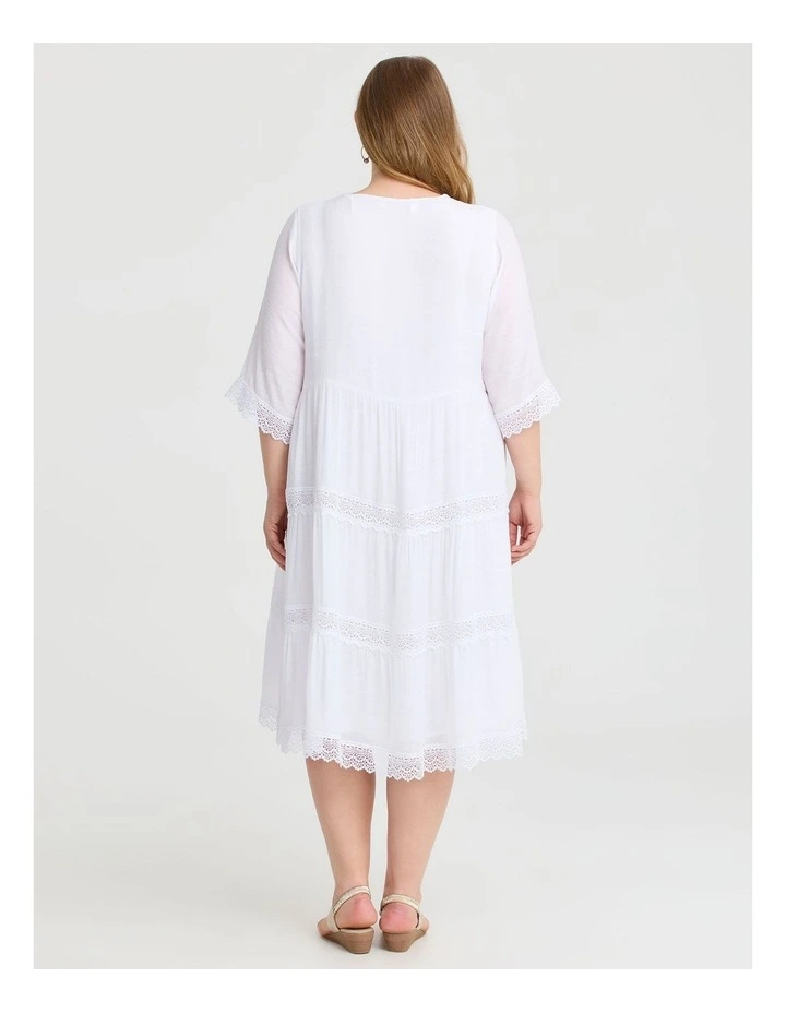 Lace Trim Tiered V-neck Dress in White image 2