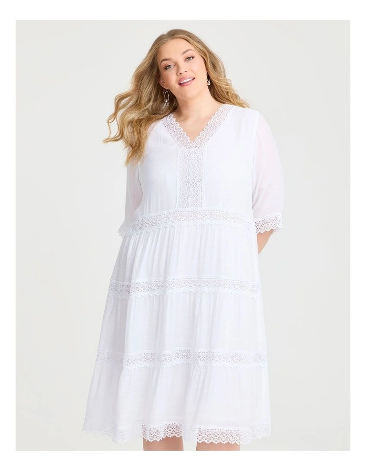 Lace Trim Tiered V-neck Dress in White image 3