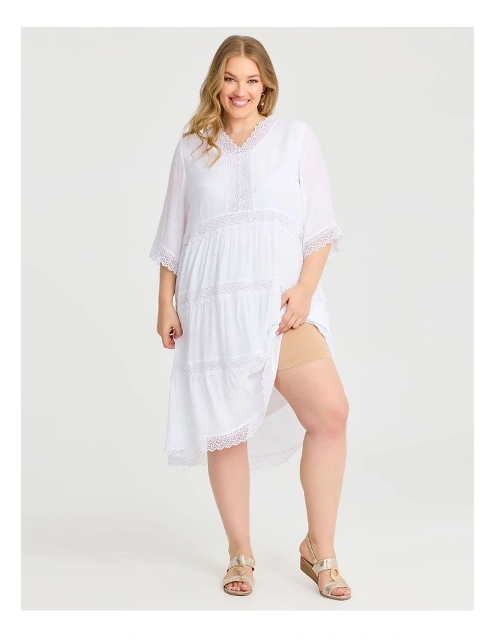 Lace Trim Tiered V-neck Dress in White image 4