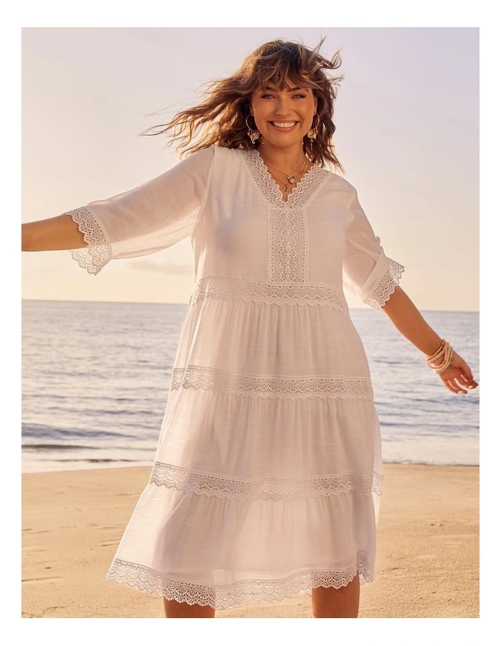 Lace Trim Tiered V-neck Dress in White image 5