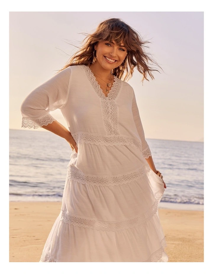 Lace Trim Tiered V-neck Dress in White image 6