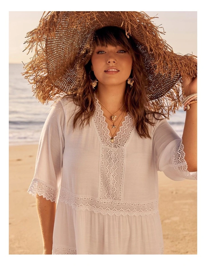Lace Trim Tiered V-neck Dress in White image 7