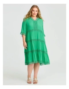 Lace Trim Tiered V-neck Dress Electric in Green