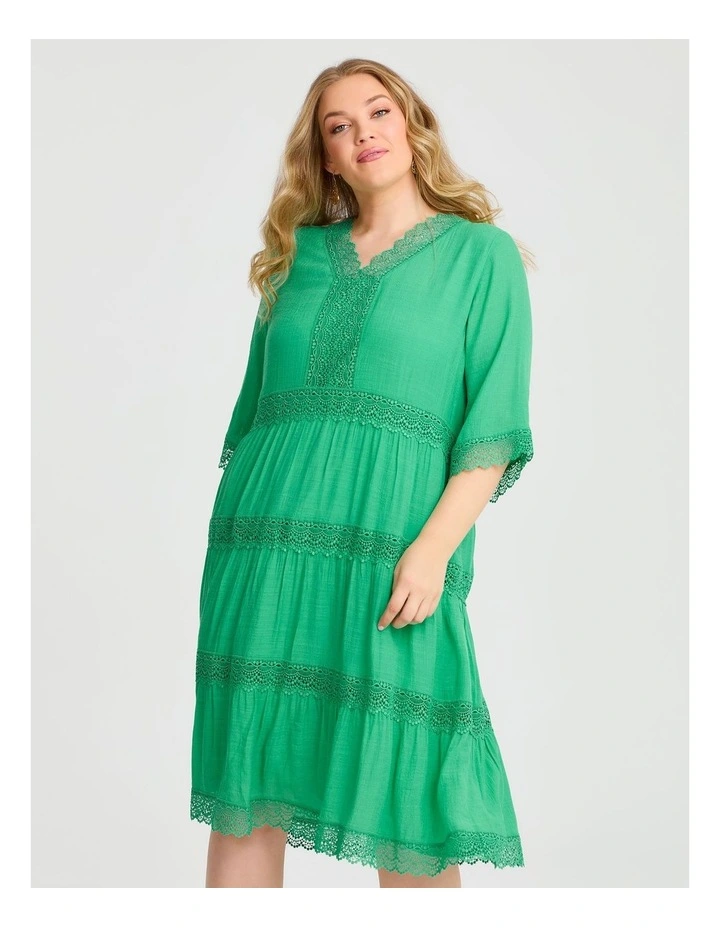 Lace Trim Tiered V-neck Dress Electric in Green image 3