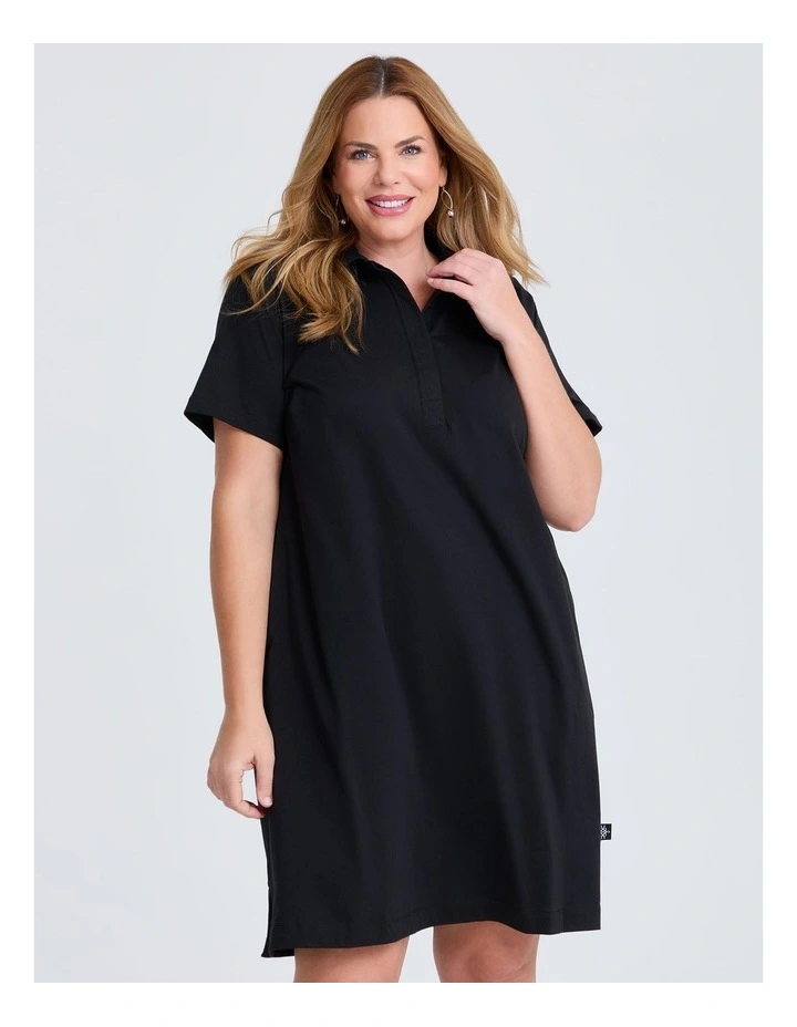 Cotton Polo Dress in Black image 3