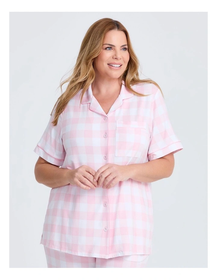 Modal Gingham Button Pyjama Top in Baby Pink/White image 1