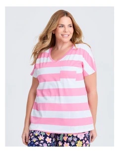 Australian Cotton Stripe Pyjama Top in Berry Pop/White