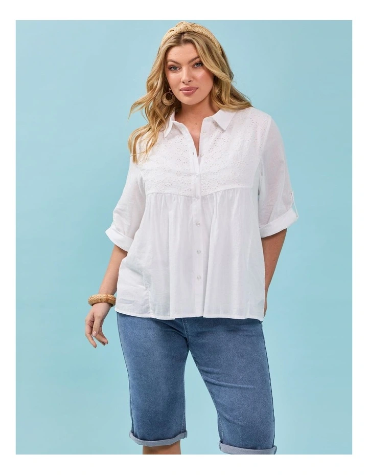 Cotton Broderie Spliced Shirt in White image 5