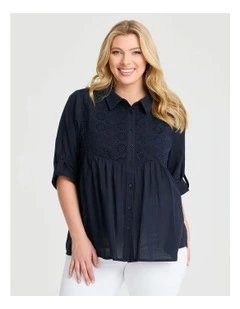 Cotton Broderie Spliced Shirt in Navy